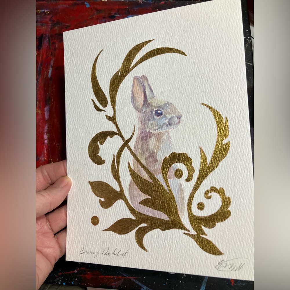 Rabbit Original Watercolor painting Art Bunny Gold accents Floral Artettina USA - Picture 6 of 8